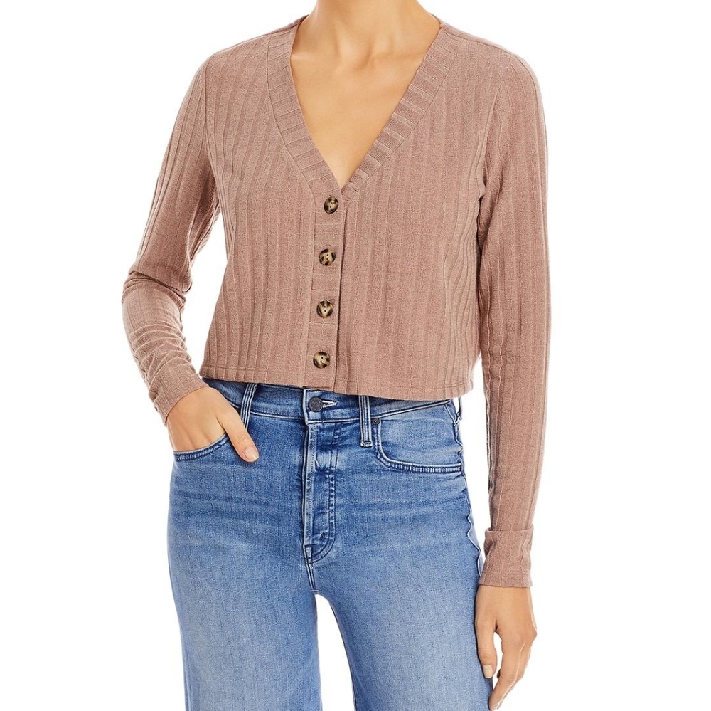 Aqua Cropped V-Neck Button Up Cardigan Sweater Mocha Taupe S